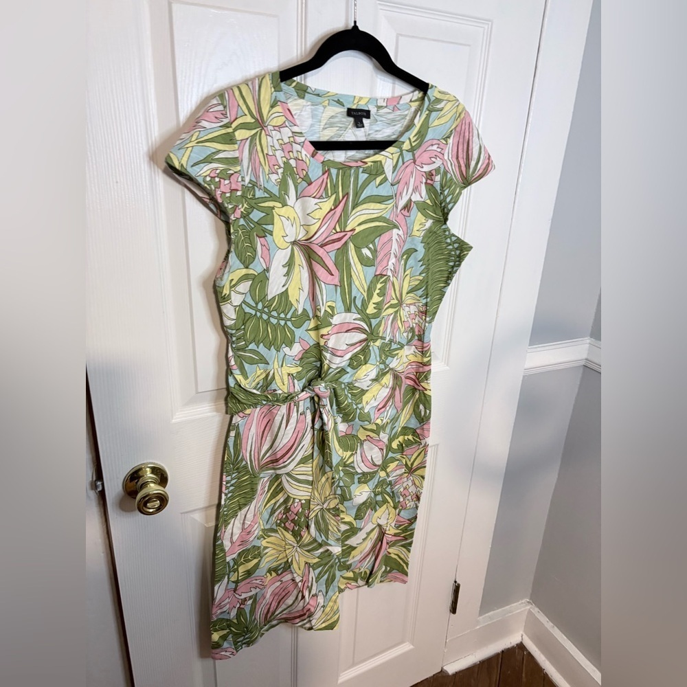Talbots Tie-Detail Knit Shift Dress – Tropical Green & Pink Print – Size Large - Picture 3 of 9